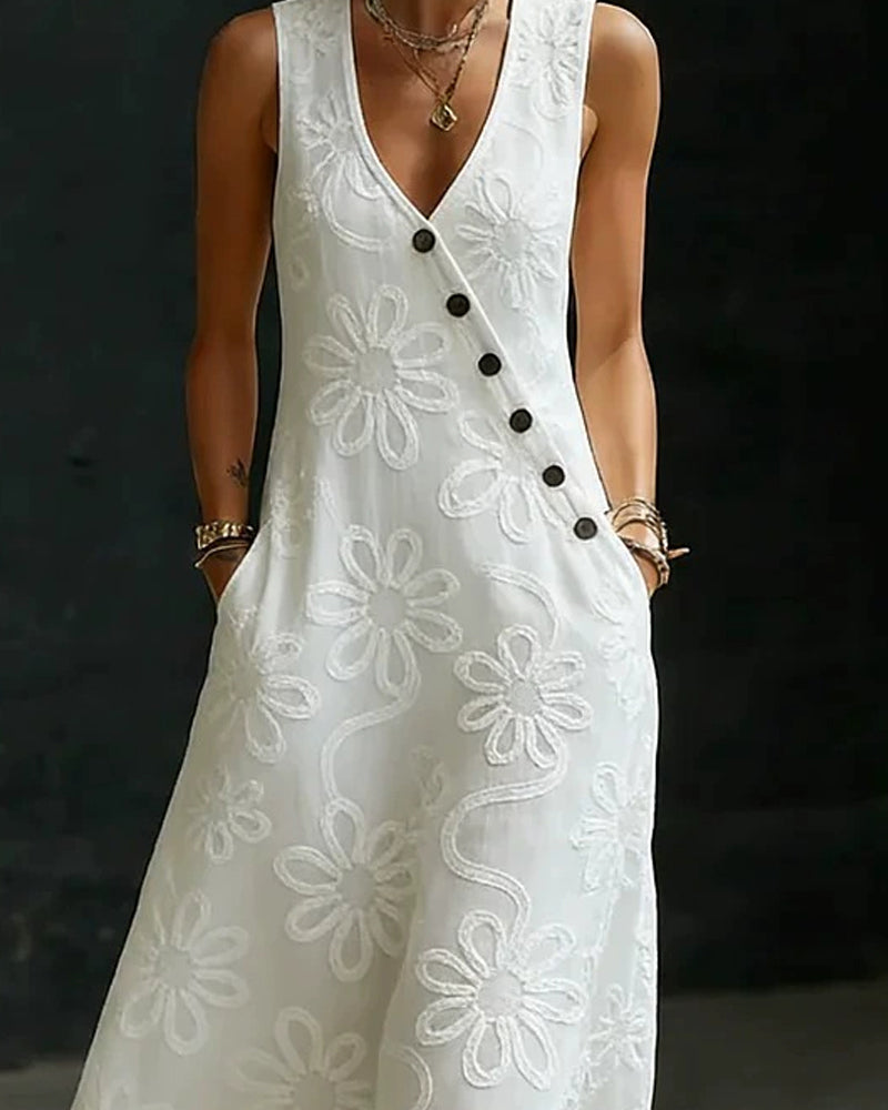 Långklänning V-Ringning Blommönster Diagonal Knapp