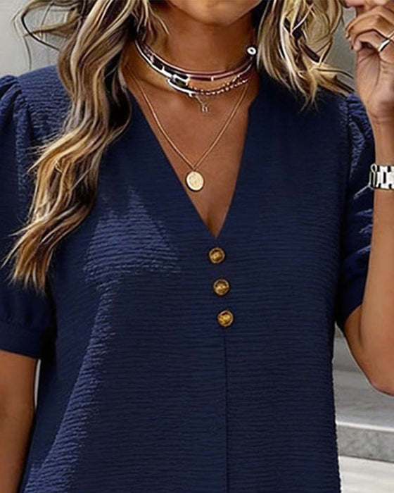 Klänning Bubbla Ärm V-Hals Knapp