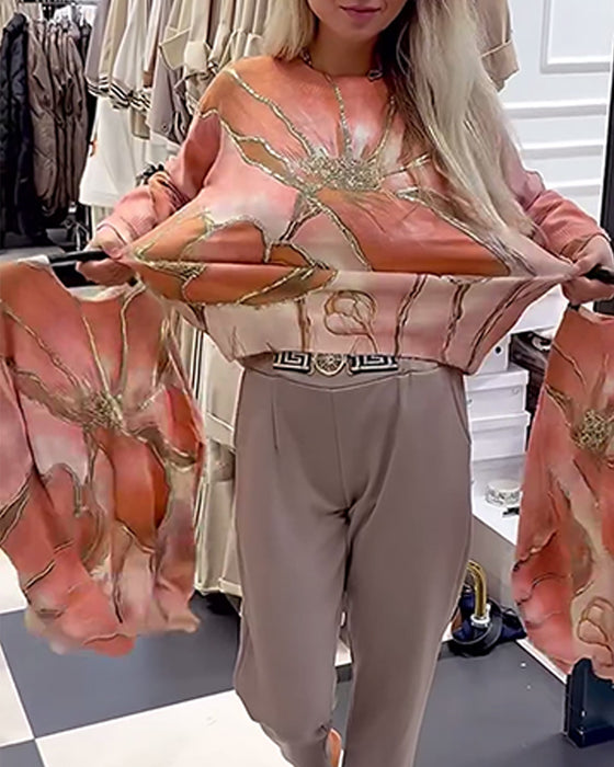 Rundhalsad Tryckt Lös Tröja