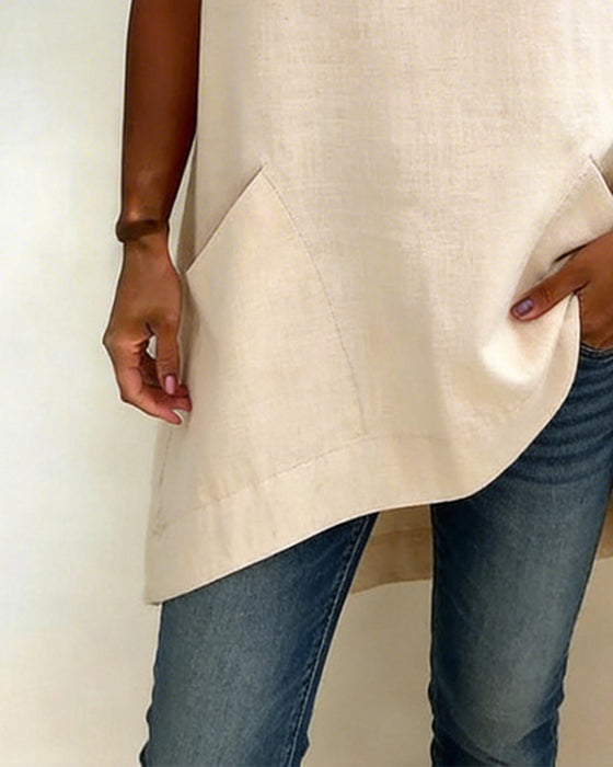 Blus Oregelbunden Rund Hals Ficka