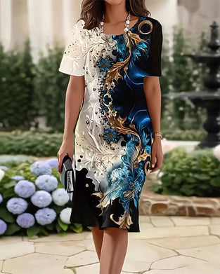 Klänning Rund Hals Tryckt Rak