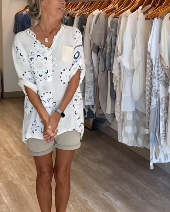 Blus Mångsidig V-Ringning Tryckt Halvlång Ärm