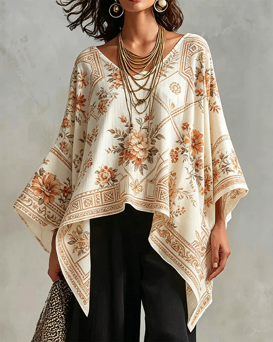 Blus V-Hals Blommig Oregelbunden