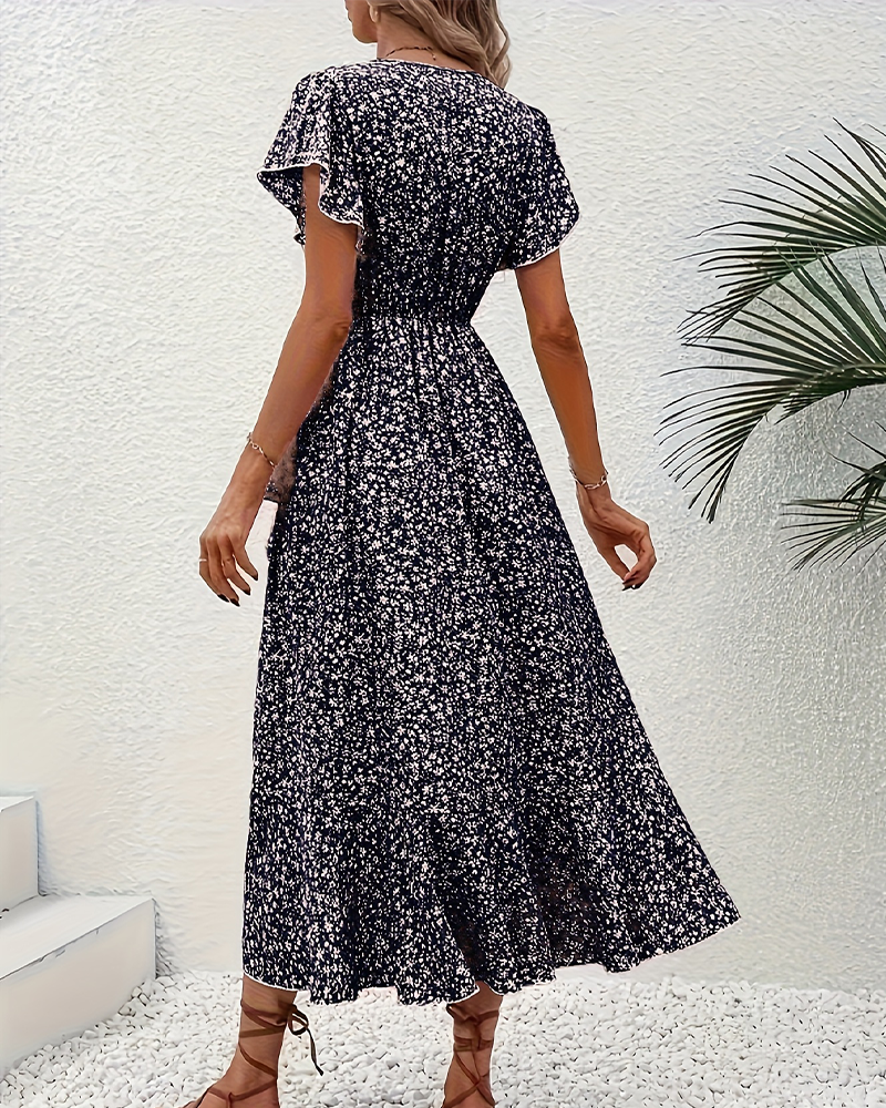 Klänning Liten Blommig Knäppning Fram Semester