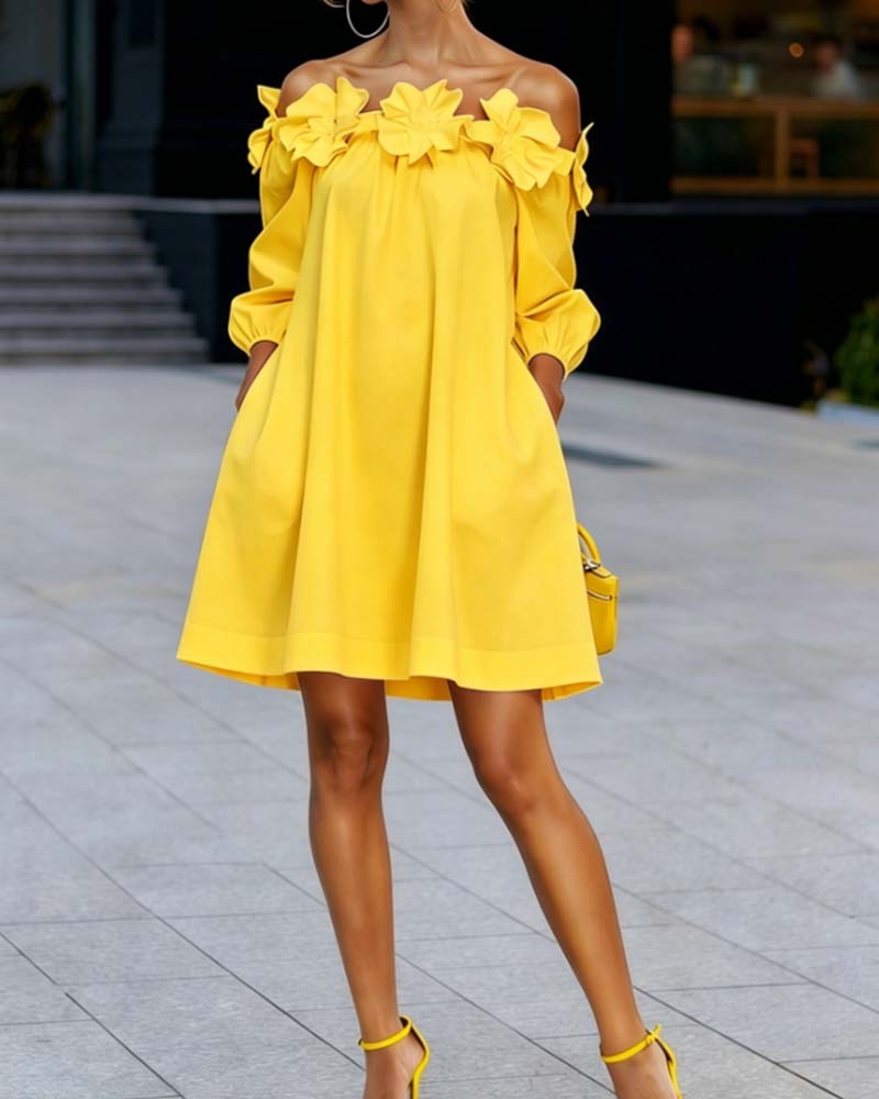 Klänning Off-Shoulder Blommig Accent