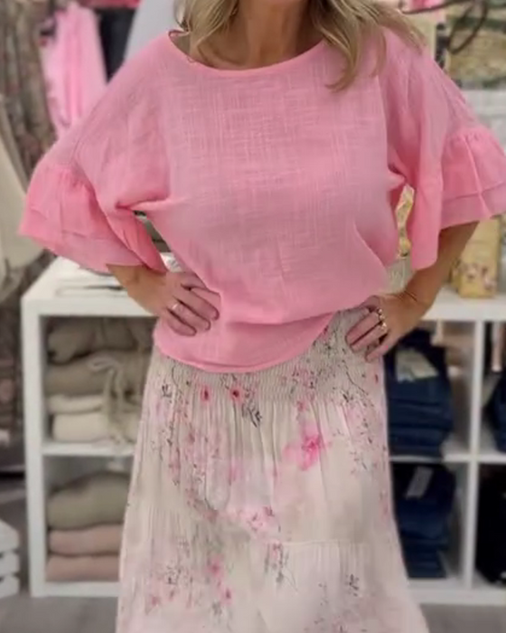 Blus Loose Fit Rundhalsad Rynkad Ärm