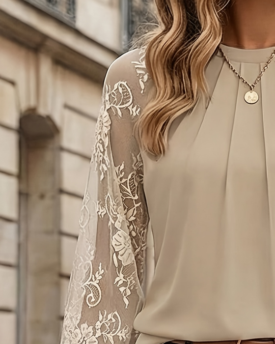 Blus Rundhals Rynkad Spets Patchwork