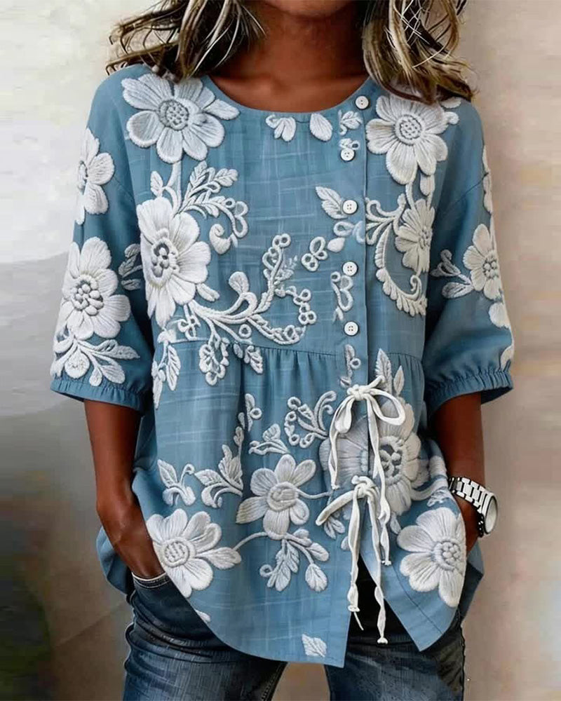 Blus Med Blommönster Snörning Och Halvknäppning
