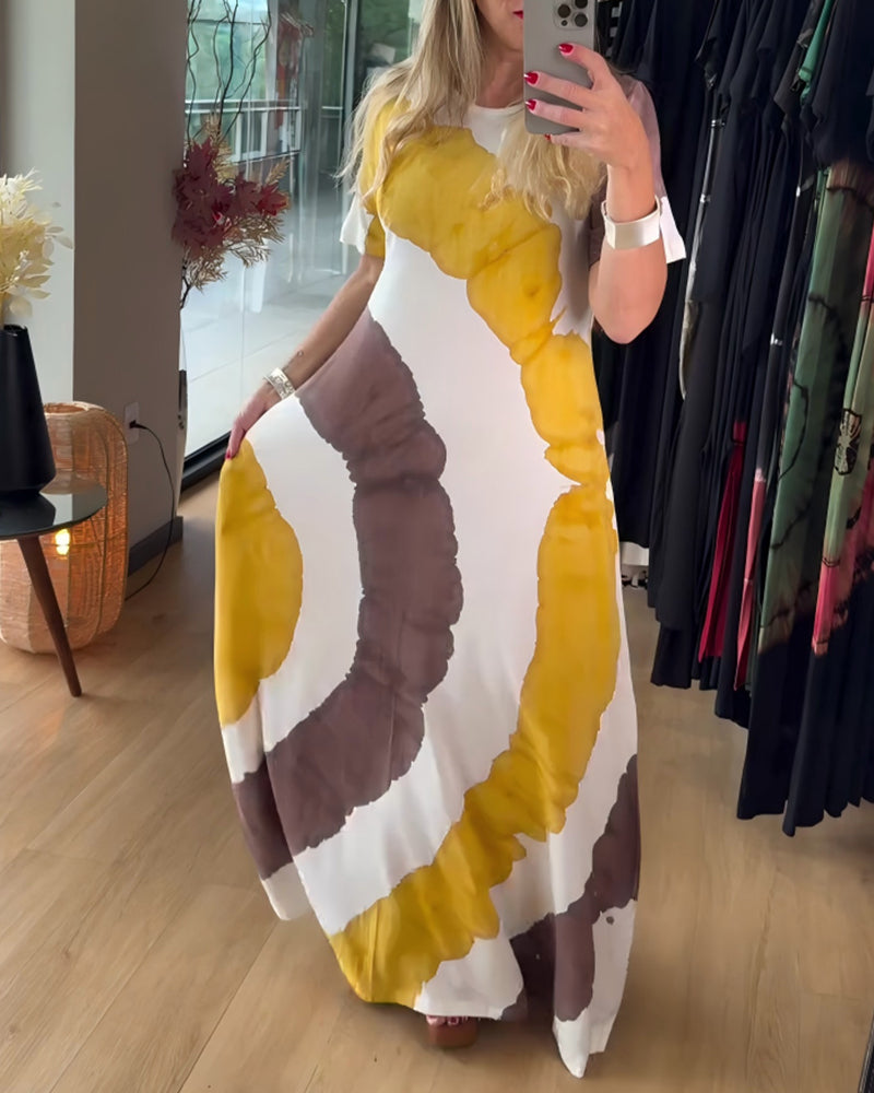 Klänning Tryck Rund Hals Kort Ärm