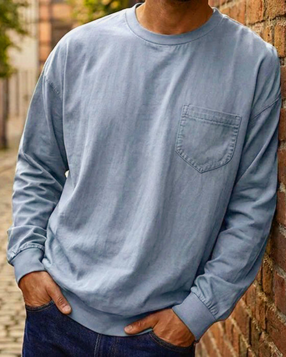 Herr T-Shirt Rund Hals Ficka Enfärgad