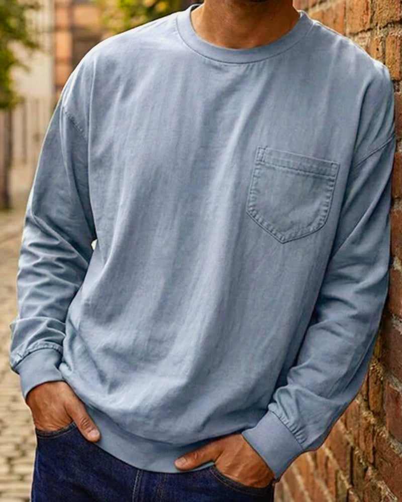 Herr T-Shirt Rund Hals Ficka Enfärgad