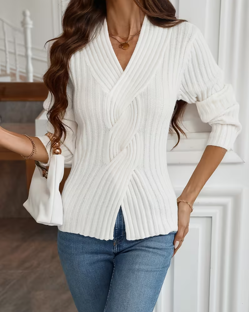 Pullover V-Hals Ribbad Kors Långärmad