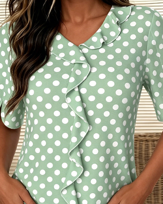 Blus Prickig Ruffle V-Hals