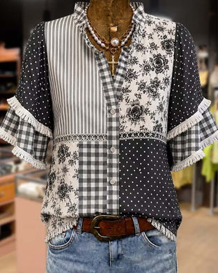 Blus Mandarin Krage Polka Dot Ruta