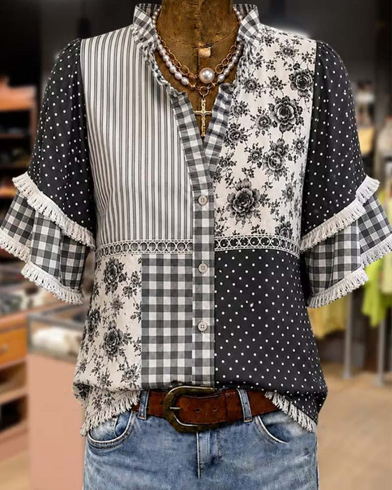 Blus Mandarin Krage Polka Dot Ruta