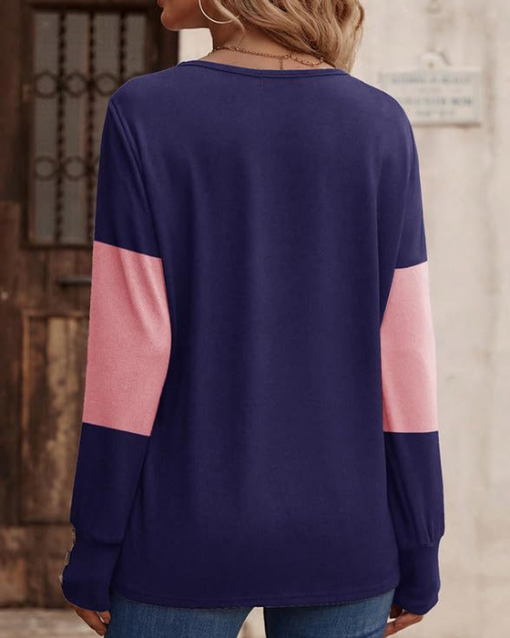 T-shirt Damers Färgblock Tryck Knapp Dekor Droppad Axel