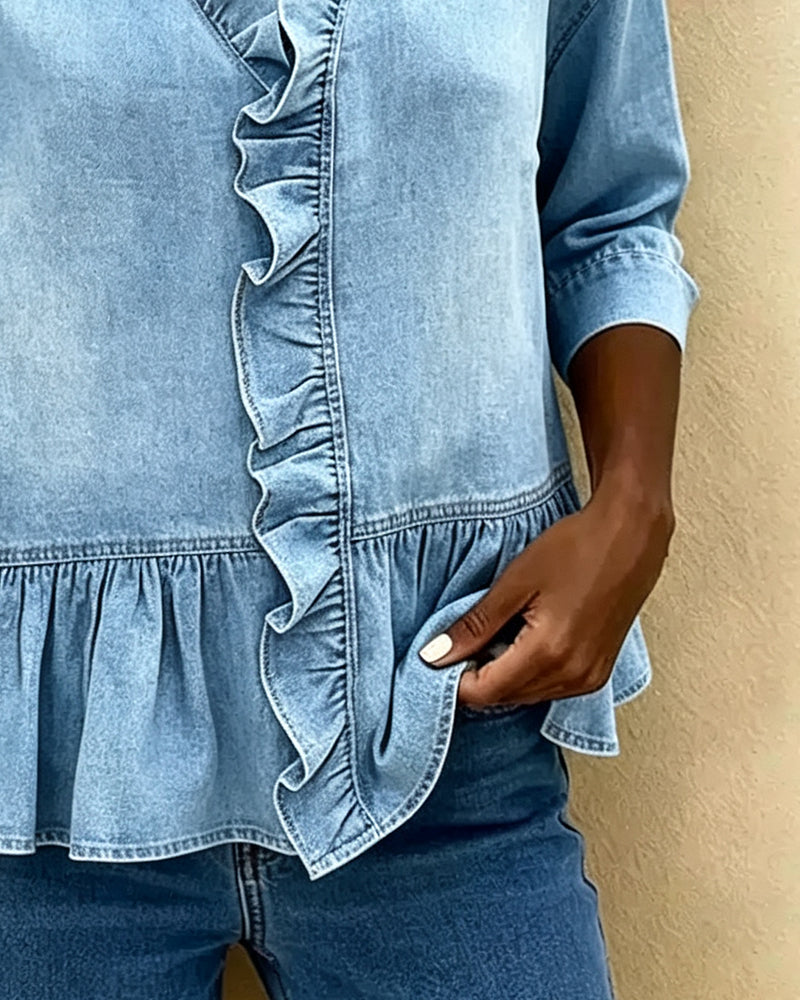 Blus Volang V-Ringning Trekvart Ärm Denim