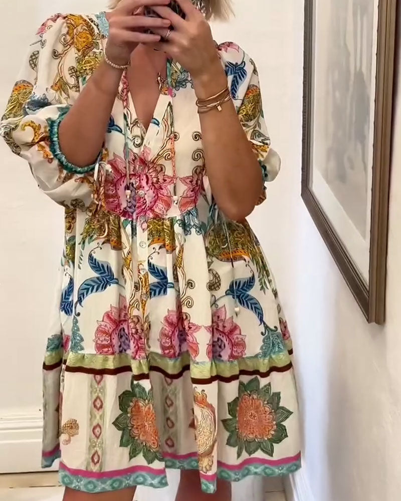 Babydollklänning Bohemisk V-Ringning Mönstrad