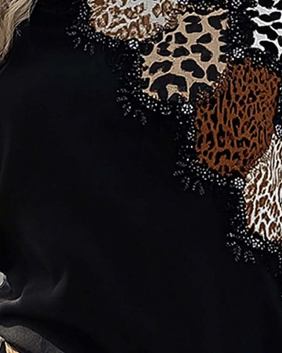 Topp Lång Ärm Leopard Patchwork Casual