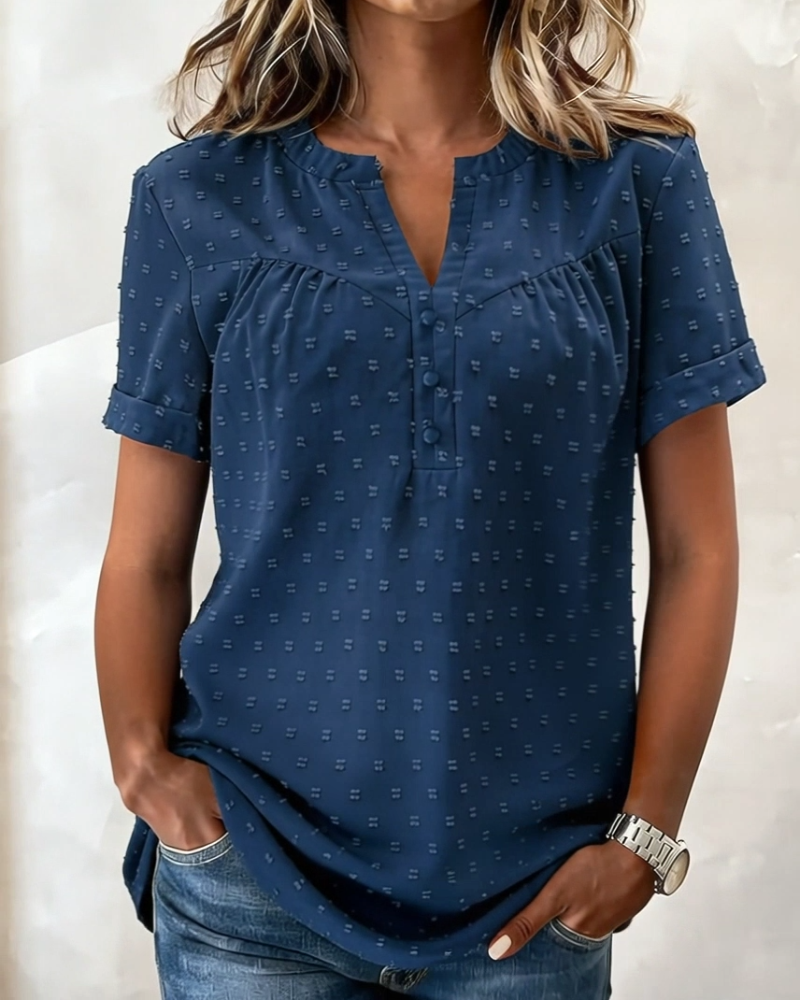 Blus Jacquard V-Hals Halvknäppning Kort Ärm