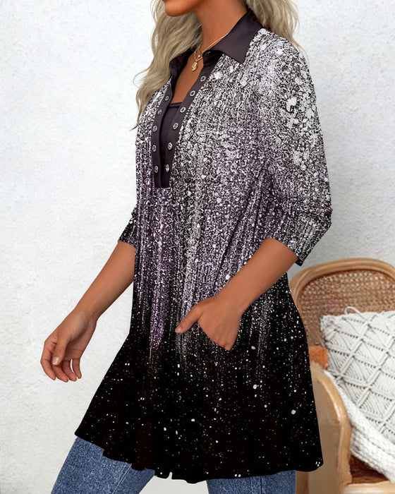 Långärmad Blus Med Krage Och Tryck