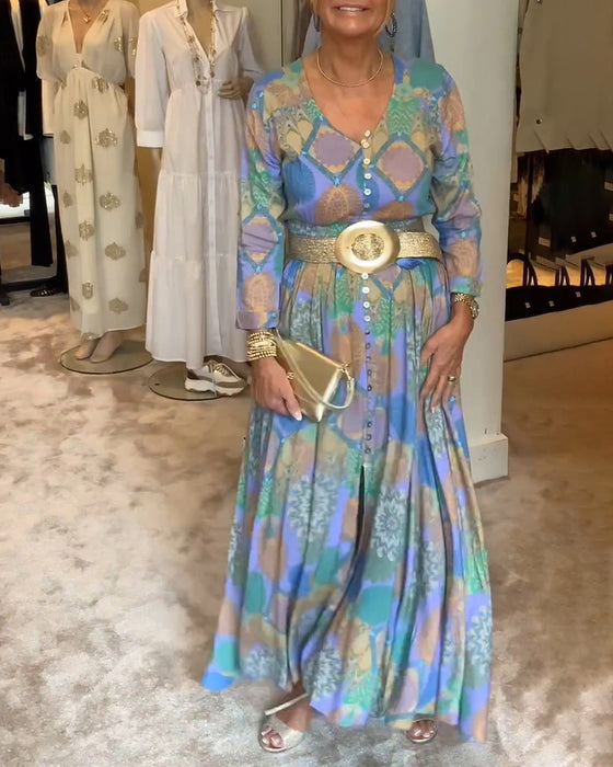 Vintage tryckt klänning med knappslits och lång ärm