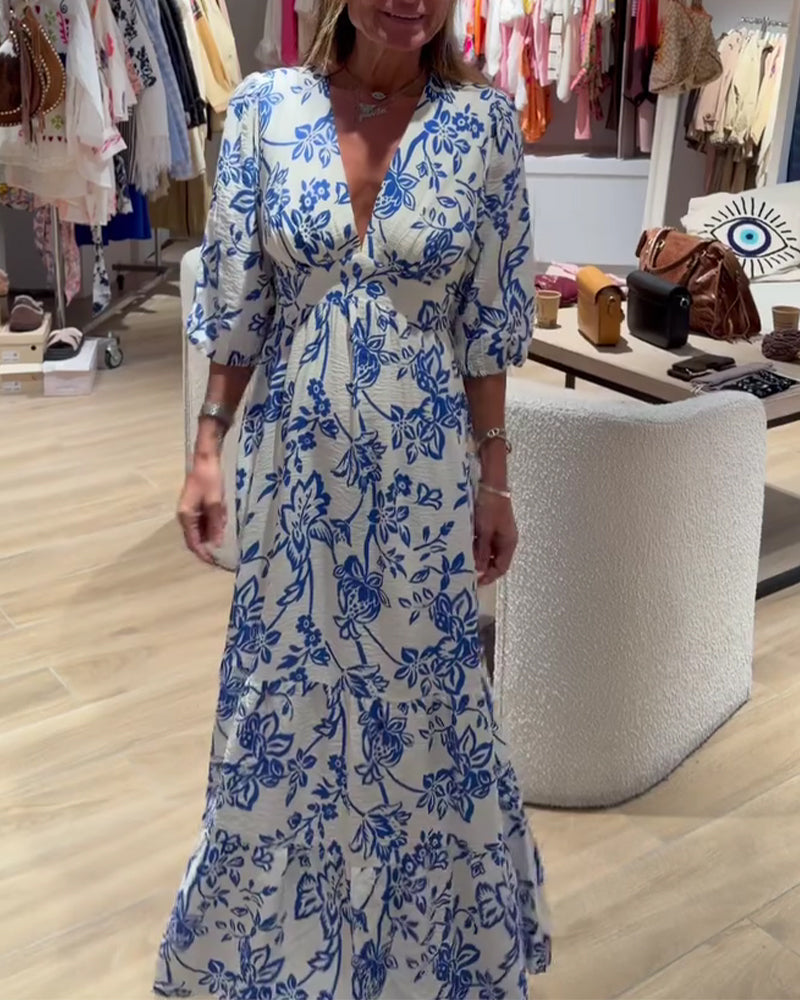 Klänning Djup V-Hals Elegant Blommig Lång