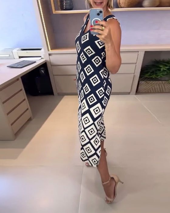 Klänning V-Ringning Diamantmönster Ärmös