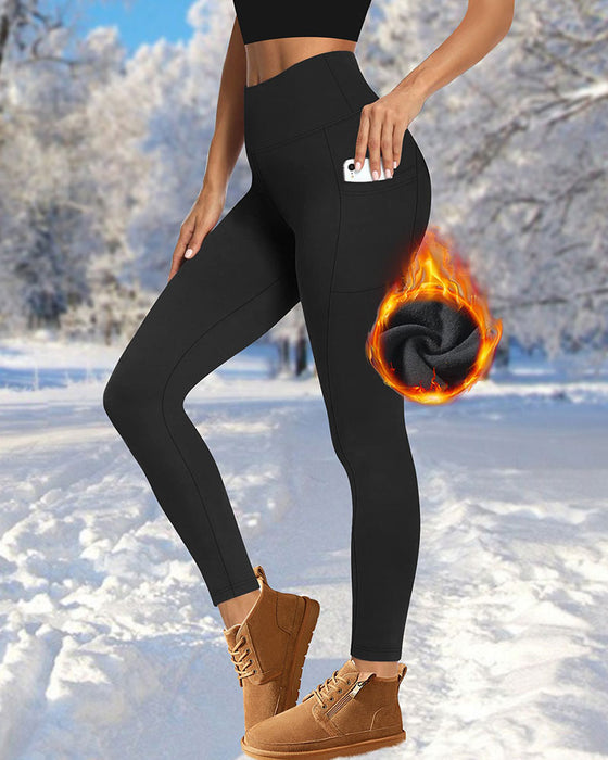 Dam Hög Midja Fleecefodrade Leggings Med Fickor