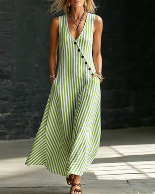 Klänning Randig Knapp Ärmlös