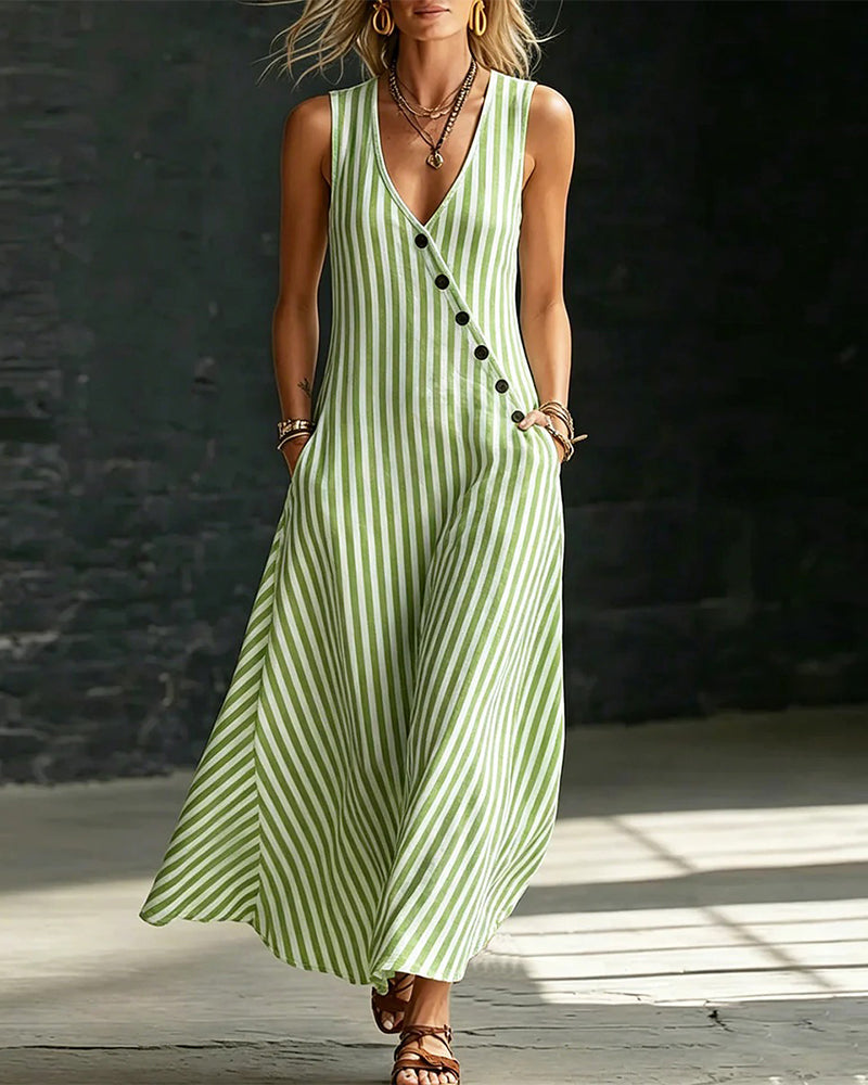 Klänning Randig Knapp Ärmlös