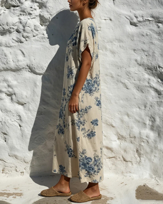 Klänning Rund Hals Vintage Blå Floral