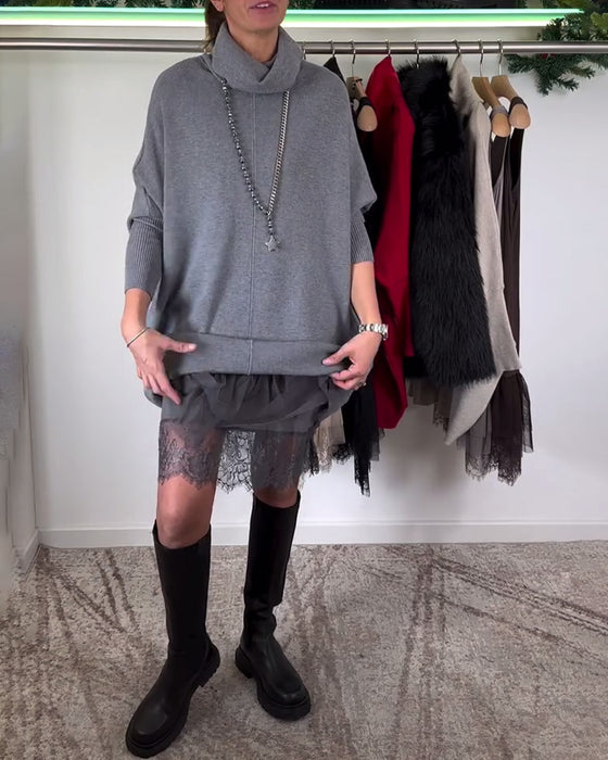 Hängslen Spets Mesh Klänning Kostym Hög Krage Fladdermusärm