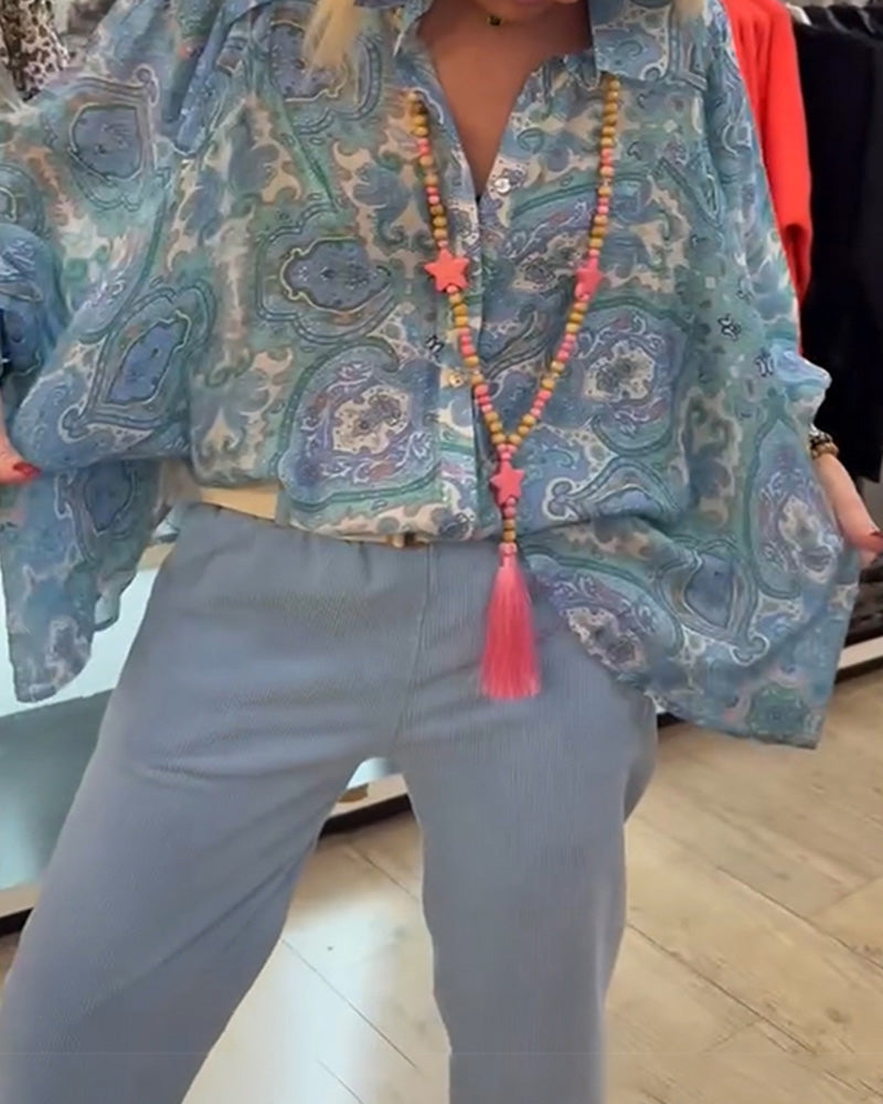 Skjorta Lössittande Cashewnöt Blomma Kappa