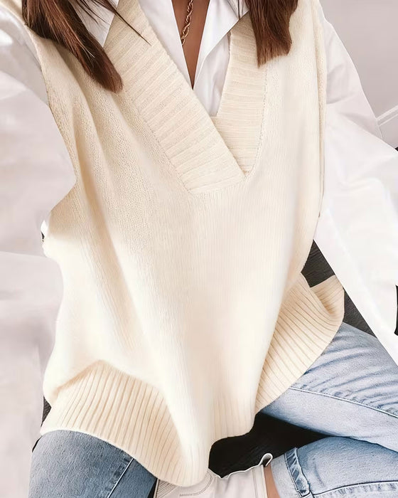 Pullover V-Hals Solid Ärmlös Väst