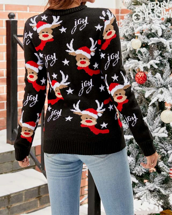 Avslappnad pullover med rund halsringning och renmönster