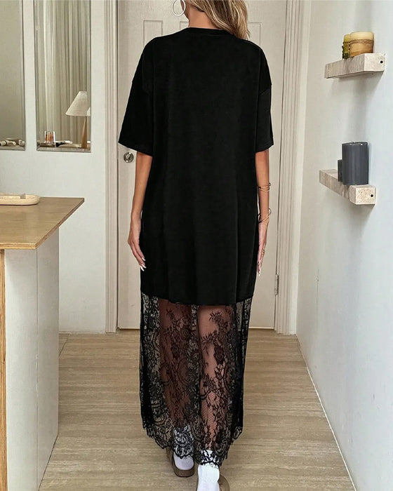 Klänning Prickig Spets Patchwork