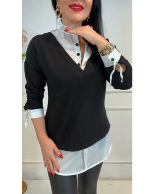 Topp Svart Och Vit Patchwork Krage