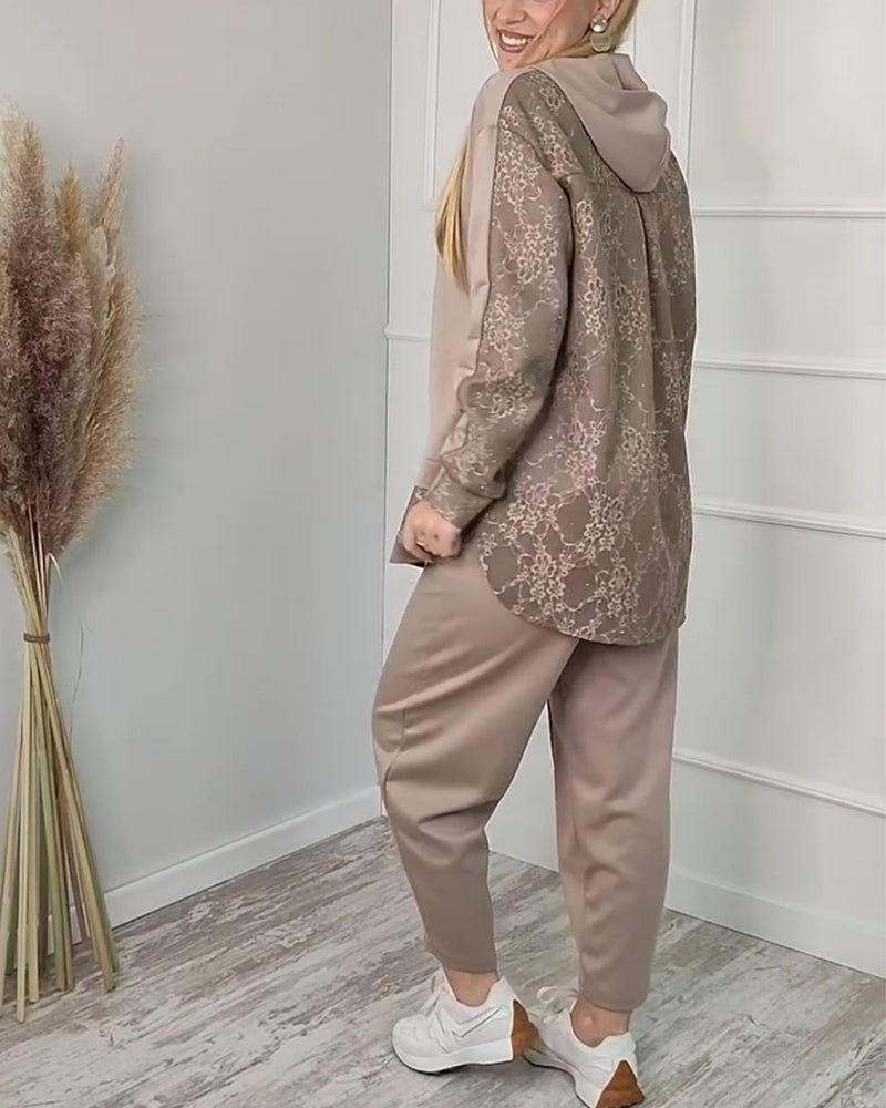 Tvådelat Set Moderiktig Långärmad Lapptäcks Jacquard