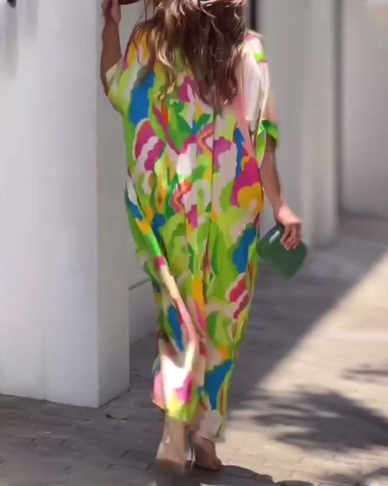 Mönstrad casual klänning med halvärm i lapel