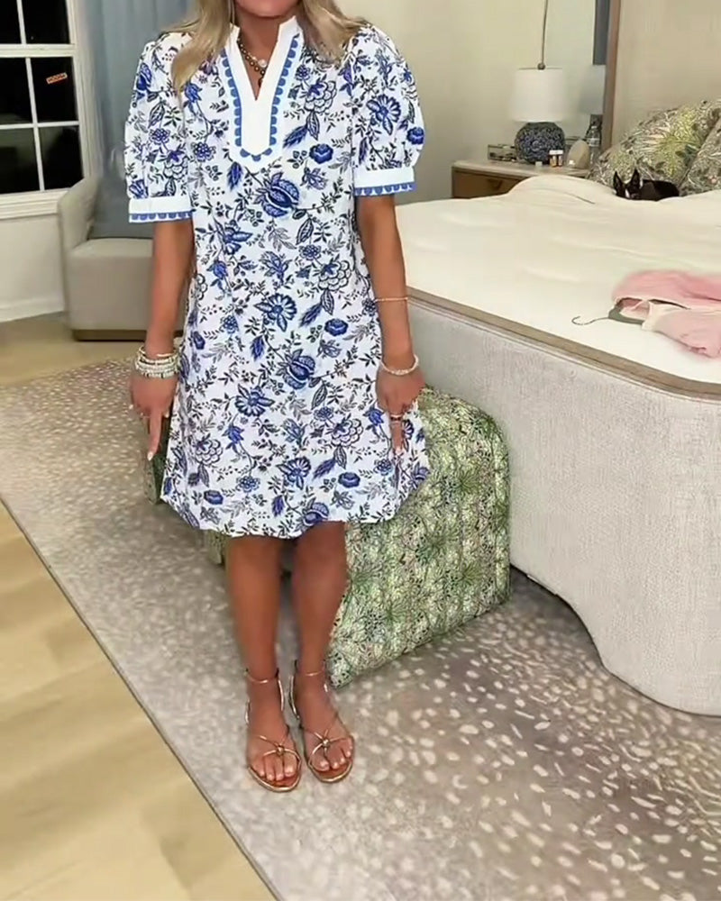 Klänning Blått Och Vitt Porslin Tryck V-Hals