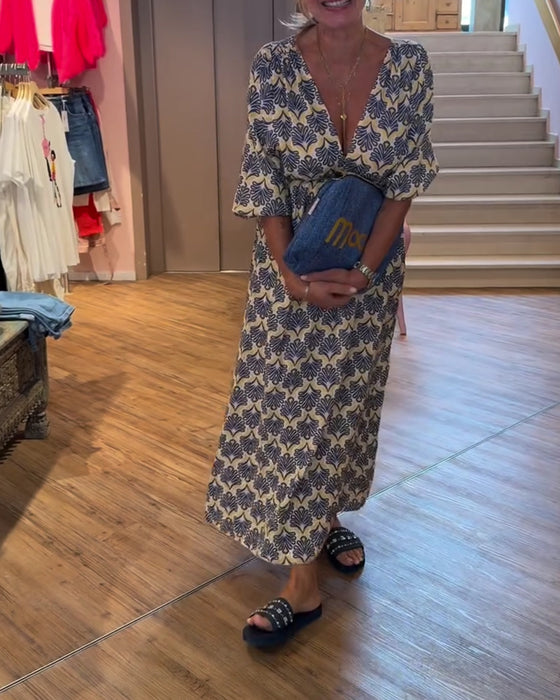 Klänning Vintage Djup V-Hals Blommig