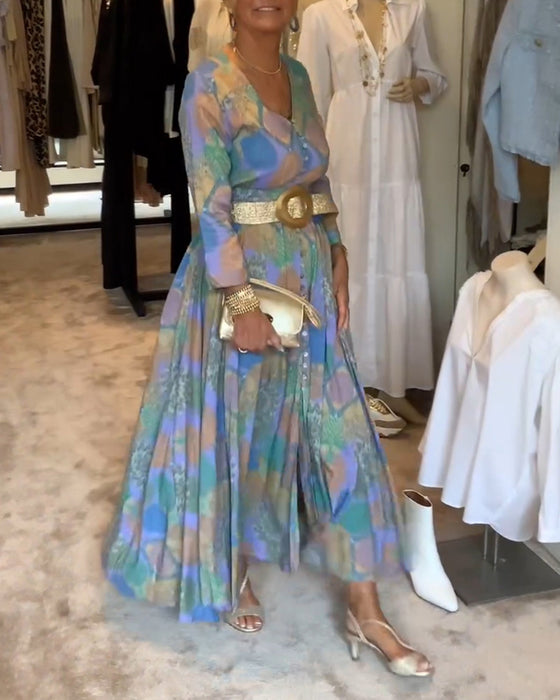 Vintage tryckt klänning med knappslits och lång ärm