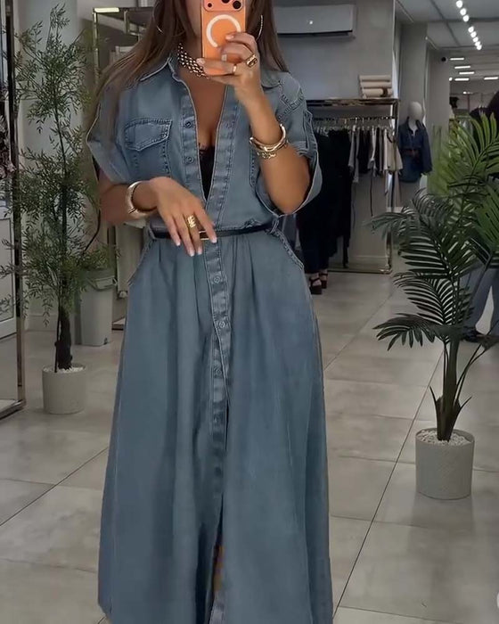 Klänning Skjorta Krage Ficka Knapp Denim