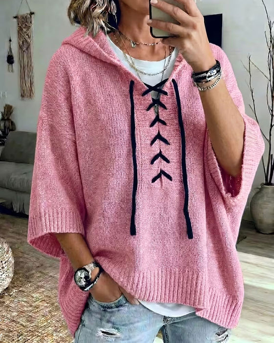 Pullover Knytning Huva Casual