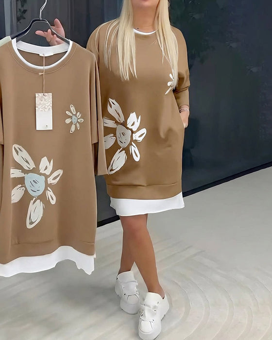 Sweatshirtklänning Rund Hals Tryckt Lappverk