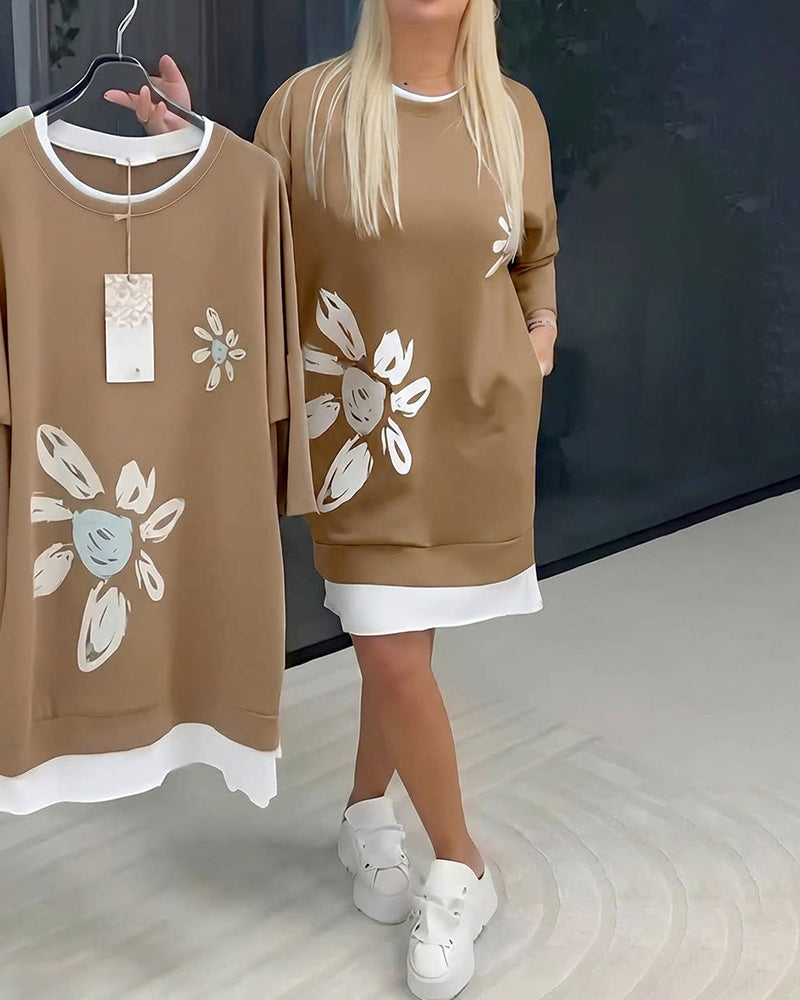 Sweatshirtklänning Rund Hals Tryckt Lappverk