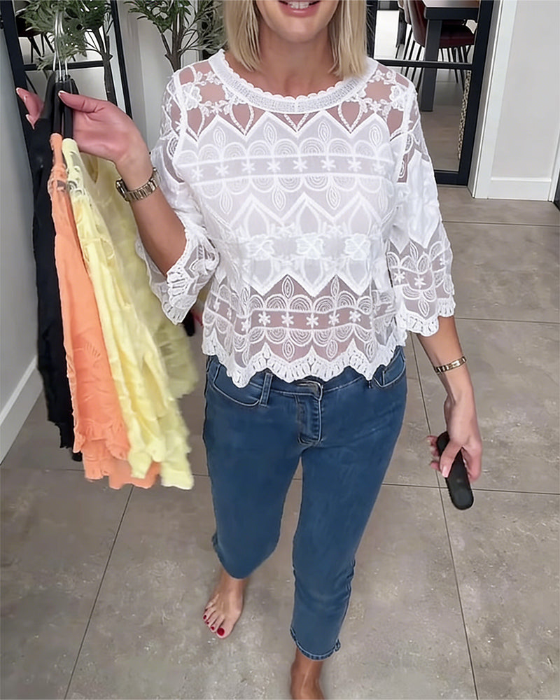 Blus Sheer Mesh Spets Trefjärdedels Ärm