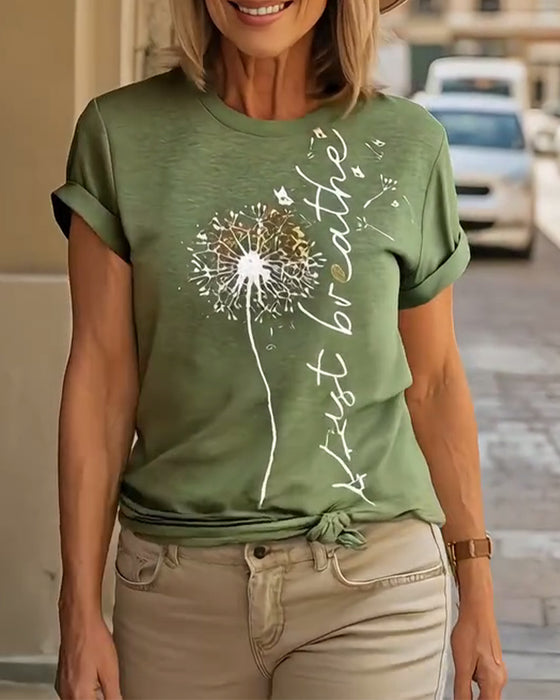 T - Shirt Med Dandelion Print Kort Ärmlösa