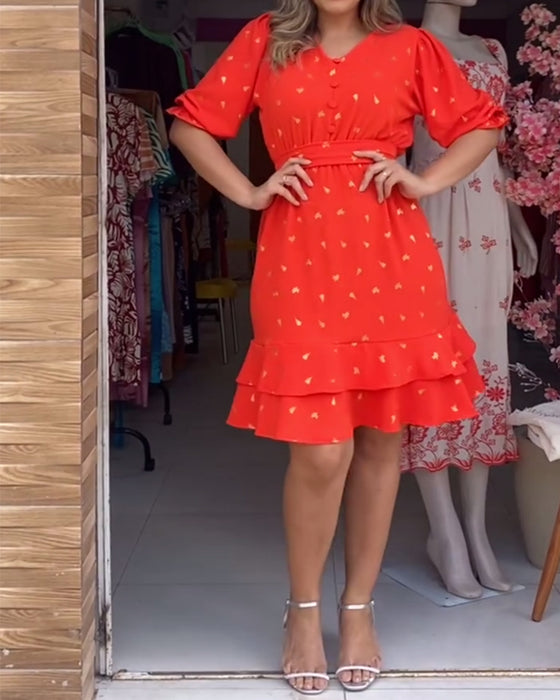 Klänning avslappnad kortärmad v-ringad tryckt